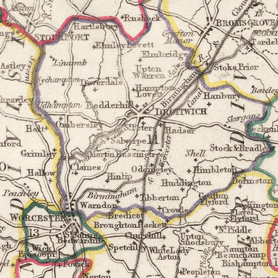 Mapa antiguo de Worcestershire por Samuel Lewis, 1844: Worcester, Kidderminster, Malvern, Evesham, Broadway