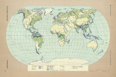 Alte Infografik-Karte der Welthydrographie, 1967: Flüsse, Seen und Ozeane