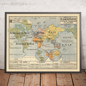 Ancienne carte du monde colonial français par Vidal Lablache, 1897 : tableau éducatif 