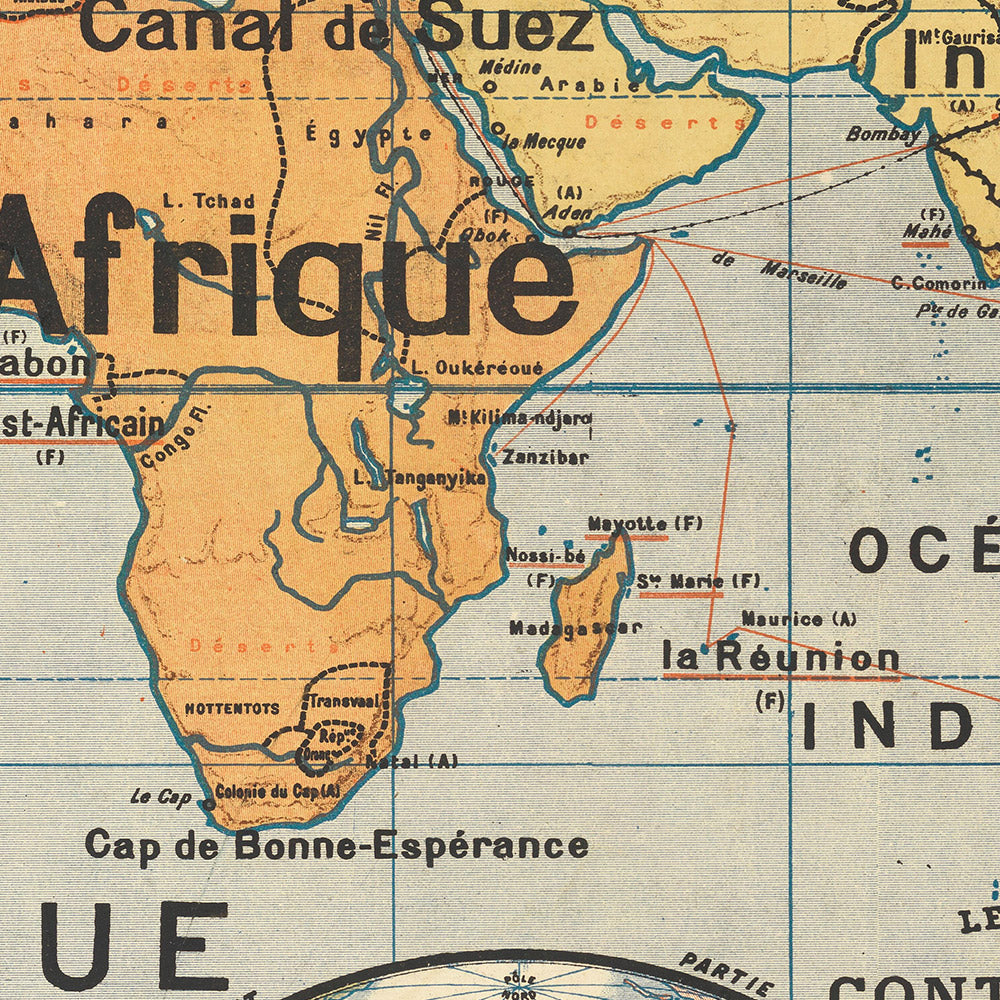 Planisferio del mapa del Viejo Mundo por Armand Colin Editeur: Colonias francesas, educativas y temáticas destacadas