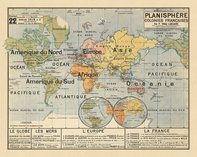 Planisferio del mapa del Viejo Mundo por Armand Colin Editeur: Colonias francesas, educativas y temáticas destacadas