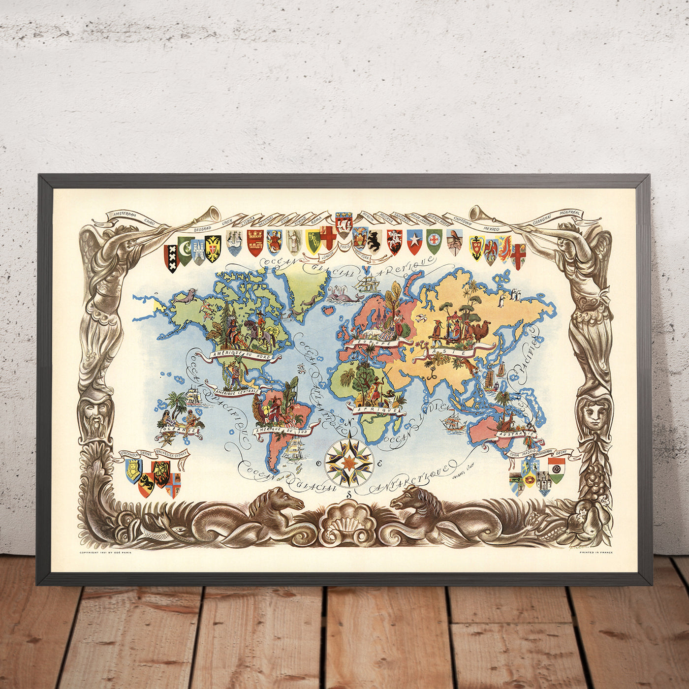 Old Pictorial World Map by Liozu, 1951: Illustrations artistiques, héraldique, après la Seconde Guerre mondiale