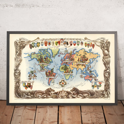 Old Pictorial World Map von Liozu, 1951: Künstlerische Illustrationen, Heraldic, Nach dem Zweiten Weltkrieg