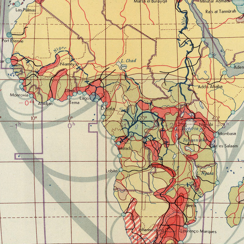 Alte Infografik-Karte der Weltoberflächenkommunikation und Zeitzonen, 1967: Schifffahrtsrouten, Flugrouten und Telekommunikationsnetze