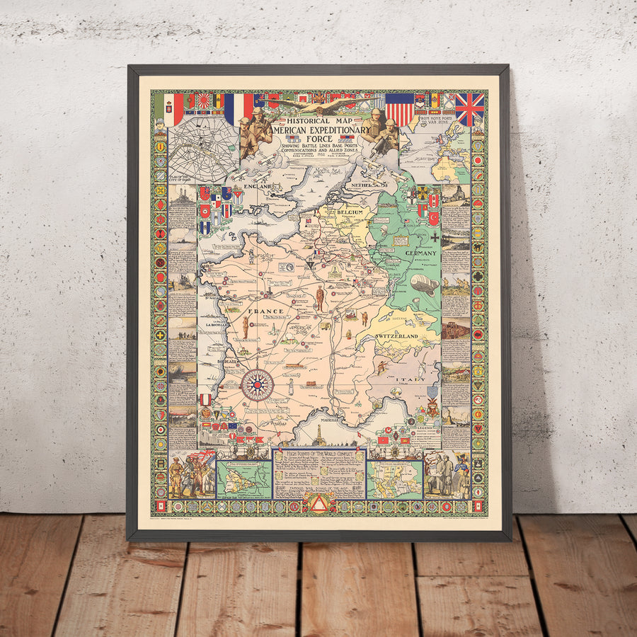 Mapa antiguo del Frente Occidental de la Primera Guerra Mundial, 1932: AEF, Línea Hindenburg, París, Meuse-Argonne, Saint-Mihiel 