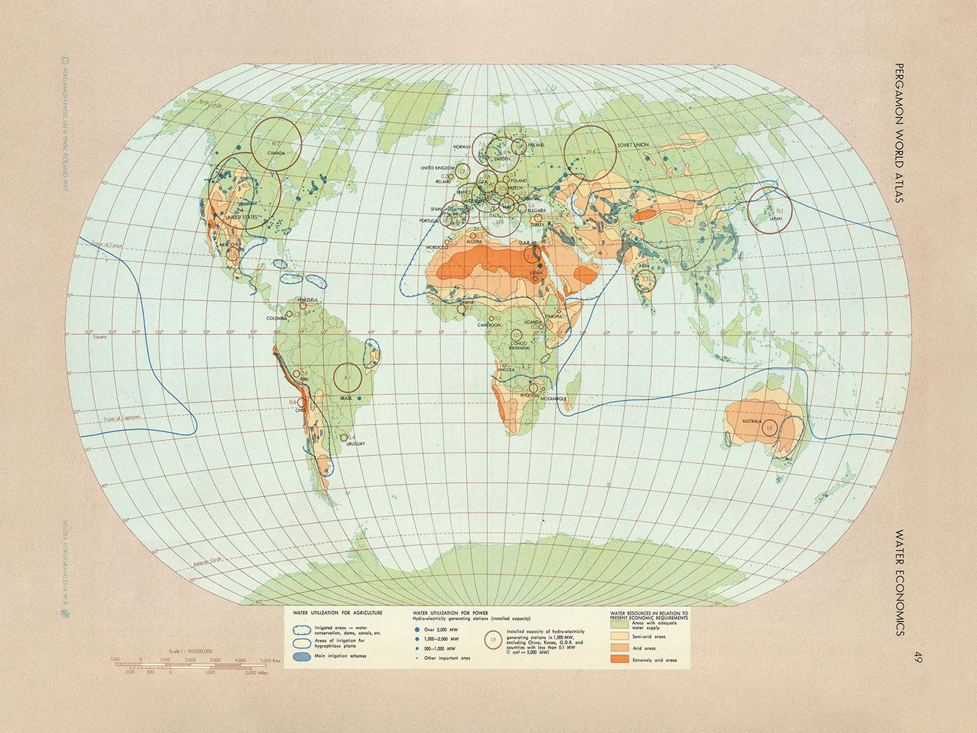 Alte Infografik-Karte der Weltwasserwirtschaft, 1967: Wassernutzung, Landwirtschaft, Energie