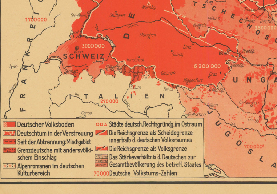 Alte WW2-Propagandamap, 1938 - "87 545 000 Deutsche in Europa" - Deutscher Expansionismus von Hillen-Ziegfeld 