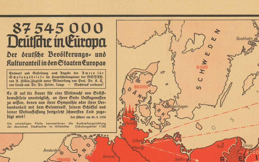 Alte WW2-Propagandamap, 1938 - "87 545 000 Deutsche in Europa" - Deutscher Expansionismus von Hillen-Ziegfeld 