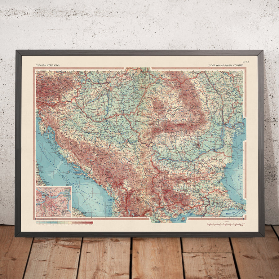 Mappa antica della Jugoslavia e dei paesi del Danubio, 1967: Mappa politica e fisica dettagliata, Incastonatura di Belgrado 