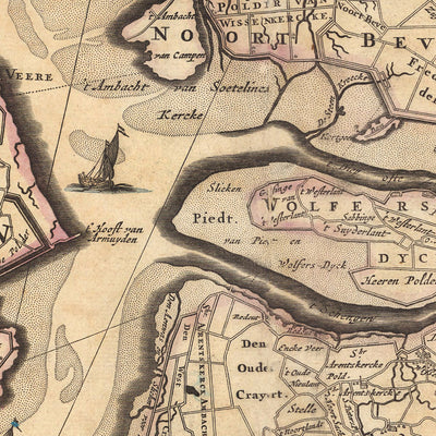 Mapa antiguo de Zelanda por Visscher, 1690: Terneuzen, Vlissingen, Bergen op Zoom, Goes, Middelburg