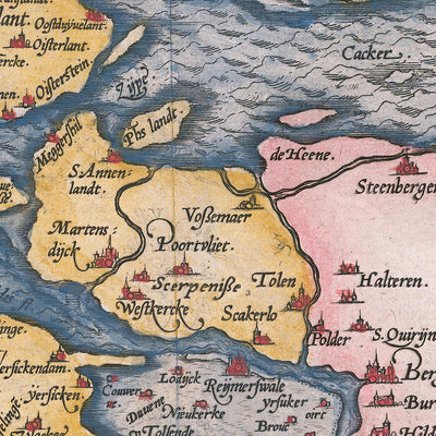 Alte Karte von Zeeland von Ortelius, 1584: Rotterdam, Antwerpen, Delft, Triton, Segelschiffe