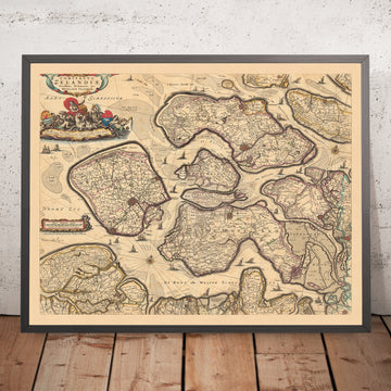 Ancienne carte de Zélande par Visscher, 1690 : Terneuzen, Vlissingen, Bergen op Zoom, Goes, Middelburg