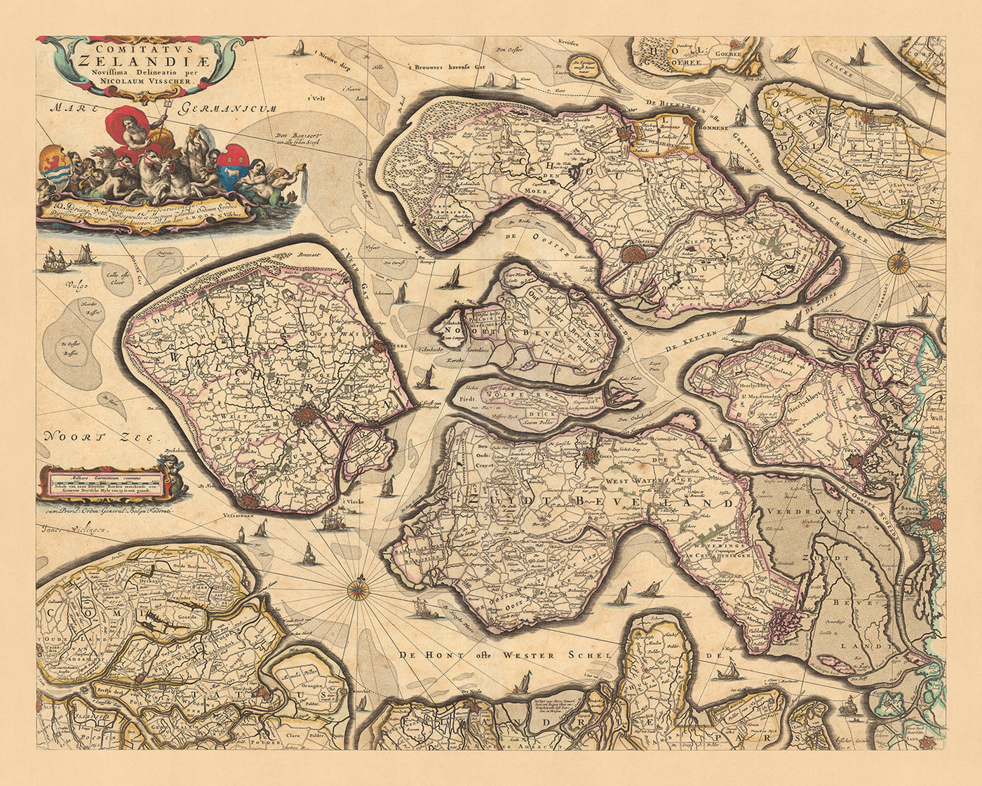 Ancienne carte de Zélande par Visscher, 1690 : Terneuzen, Vlissingen, Bergen op Zoom, Goes, Middelburg