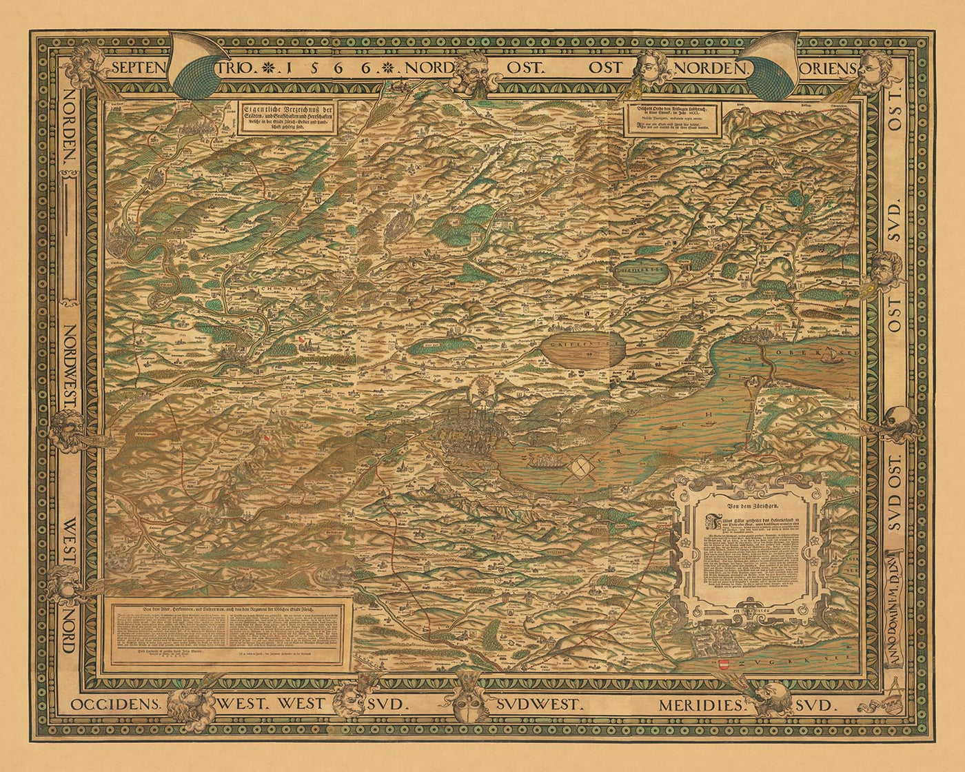 Old Colour Map of the Canton of Zurich by Murer, 1566: Winterthur, Lake Zurich, Mountains