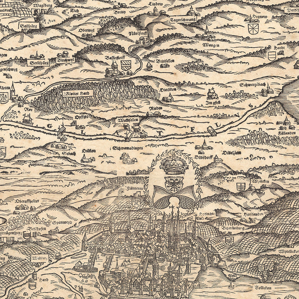 Ancienne carte picturale de Zurich par Murer, 1566 : Zurich, Winterthour, lac de Zurich, montagnes, têtes de vent