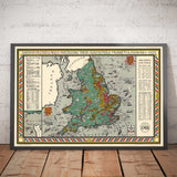 Ancienne carte de l'agriculture et de la pêche en Angleterre et au Pays de Galles par Macdonald Gill - Volaille, produits laitiers, cultures, produits, fermes