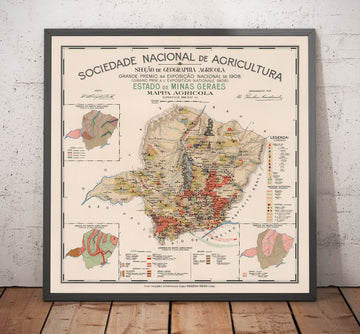 Mappa antica di Minas Gerais, Brasile nel 1908 - Agricoltura, Geologia, Rocce, Suolo - Belo Horizonte, Uberlandia, Uberaba, Juiz de Fora, Curvelo 