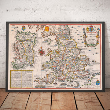 Alte England- und Irlandkarte, 1676 - Invasionen und Bürgerkriege seit 1066 - Antike Wandkunst 