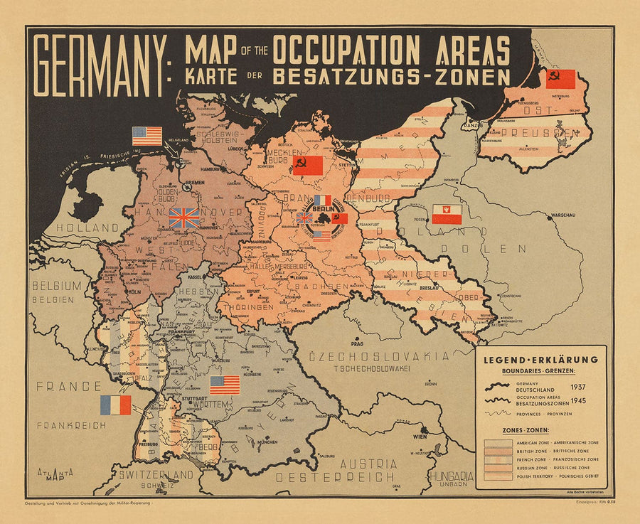 Alte Karte von Deutschland nach dem Zweiten Weltkrieg - Ost- & Westdeutschland Potsdamer Konferenz Besatzungsdiagramm 