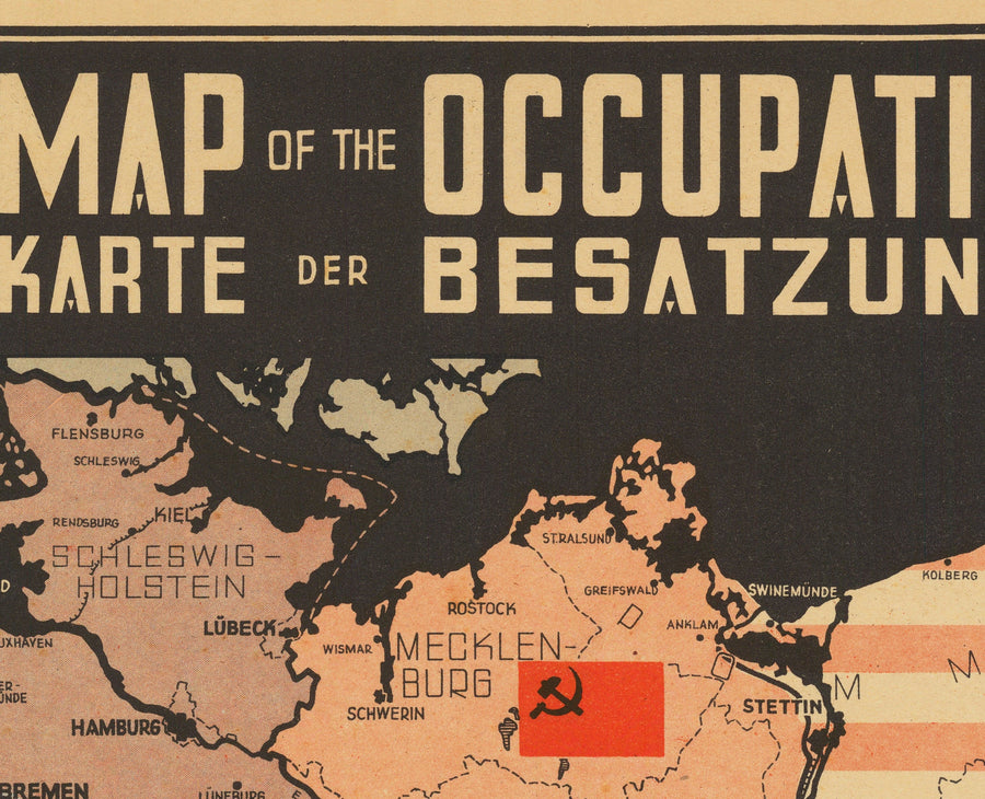 Alte Karte von Deutschland nach dem Zweiten Weltkrieg - Ost- & Westdeutschland Potsdamer Konferenz Besatzungsdiagramm 