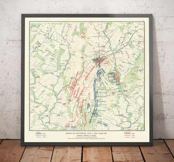 Alte Karte der Schlacht von Gettysburg im Jahr 1900 von Julius Bien - Nord gegen Süd, Konföderation gegen Union Bürgerkrieg-Diagramm 