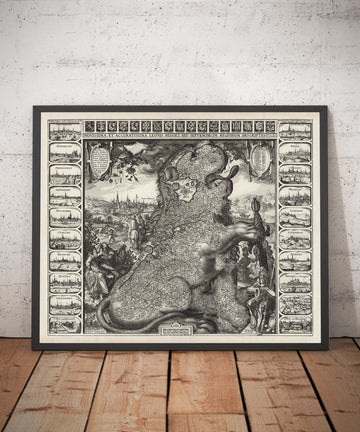 Mappa di Leo Belgicus del 1611 delle Paesi Bassi di C. Janszoon Visscher - Paesi Bassi, Belgio, Bruxelles, Amsterdam, Genk 