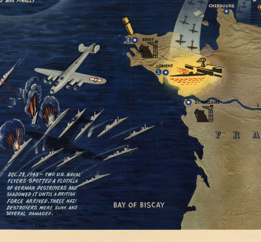 NavWarMap Nr. 3 - Alte Weltkrieg 2 Karte, 1944 - Westfront, Alliierte gegen Nazi - US Navy Bildungs- & Propagandakarte 