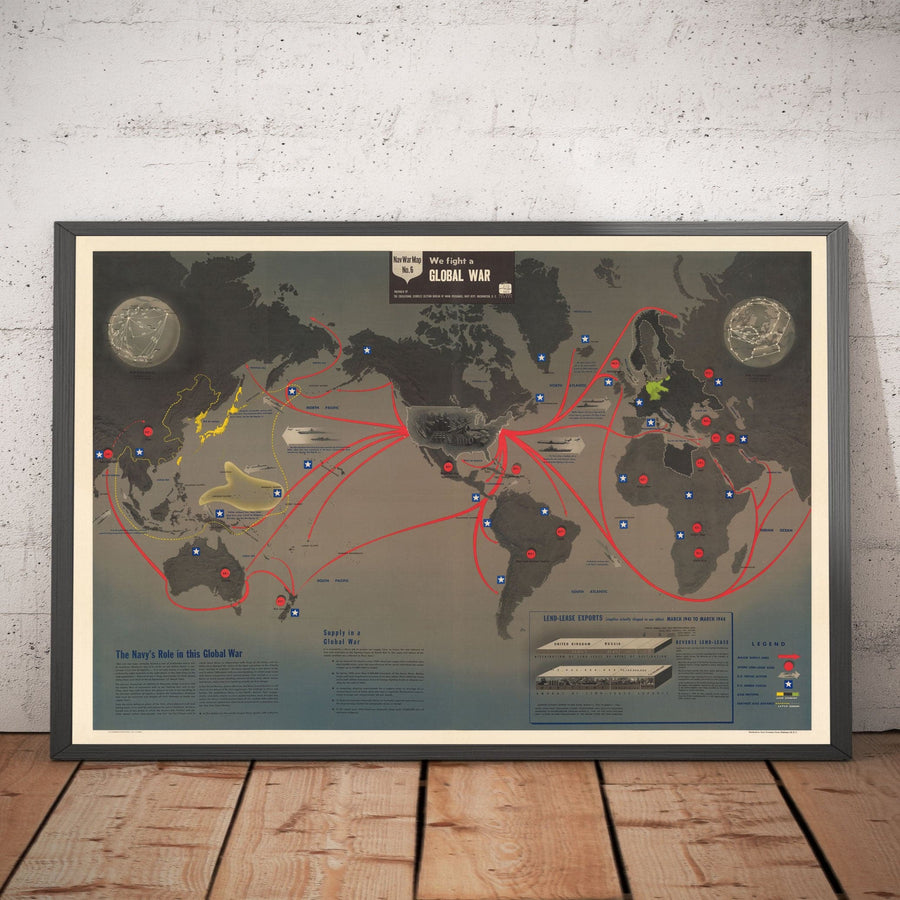 NavWarMap No. 6 - Old World War 2 Map, 1944 - US Navy Educational & Propaganda Map - Maritime Allies vs. Nazi Wall Chart