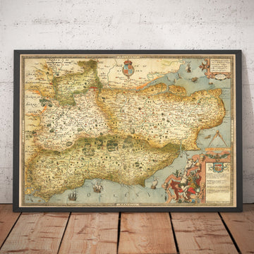 Old Map of Southeast England in 1575 by Saxton - Rare First Map of London, Kent, Sussex, Surrey, Middlesex