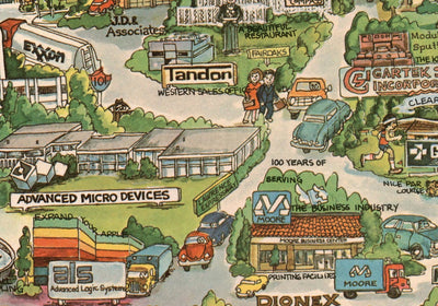 Mapa antiguo de Silicon Valley, 1982 - Gráfico pictórico de MountainView, Sunnyvale, Cupertino, San Jose, Fremont