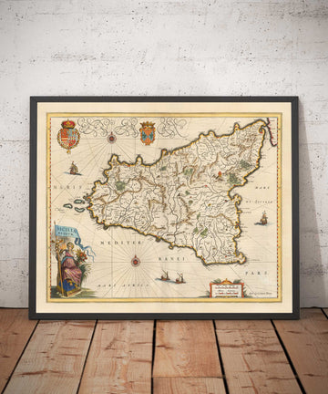 Alte Karte von Sizilien im Jahr 1640 von Willem Blaeu - Palermo, Catania, Marsala, Mittelmeer, Messina 