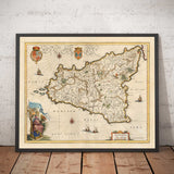 Mapa antiguo de Sicilia en 1640 por Willem Blaeu - Palermo, Catania, Marsala, Mediterráneo, Messina