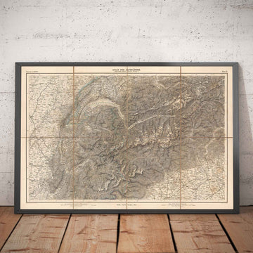 Antica mappa delle Alpi del 1874 di Johann Mayr - Cervino, Monte Bianco, Ginevra, Rodano, Losanna, Grenoble, Sierre 