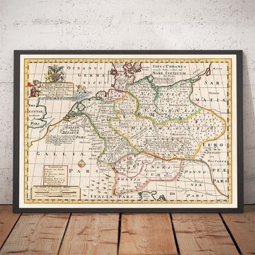 Mapa antiguo de la antigua Alemania, 1712 - Germania, Tribus Germánicas, Noricum, Raetia, Austria, Suiza, Polonia, Dinamarca