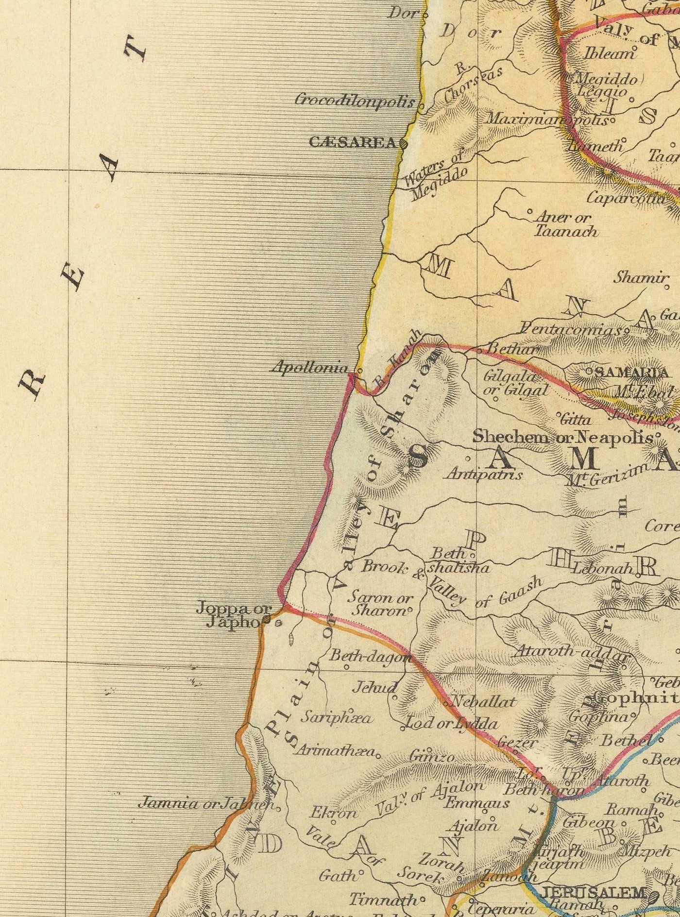 Ancienne carte de la Palestine antique en 1851 - Terre Sainte, Canaan, Jérusalem, Judée, Samarie, Galilée, Israël, Cisjordanie, Gaza