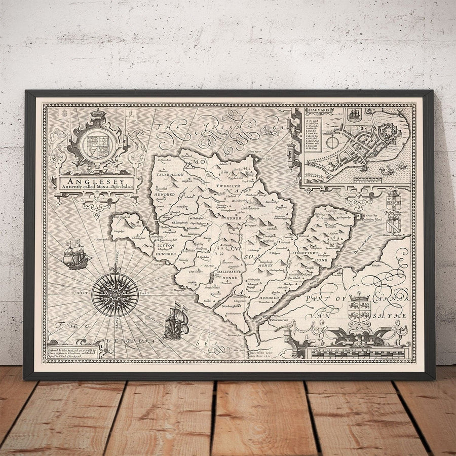 Old Monochrome Map of Anglesey, Wales, 1611 by John Speed - Holyhead, Llanfairpwllgwyngyll, Bangor