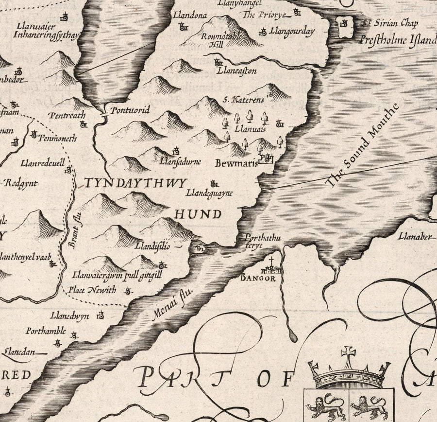 Old Monochrome Map of Anglesey, Wales, 1611 by John Speed - Holyhead, Llanfairpwllgwyngyll, Bangor