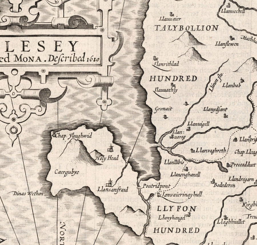 Old Monochrome Map of Anglesey, Wales, 1611 by John Speed - Holyhead, Llanfairpwllgwyngyll, Bangor