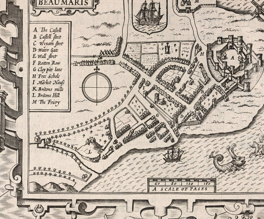 Old Monochrome Map of Anglesey, Wales, 1611 by John Speed - Holyhead, Llanfairpwllgwyngyll, Bangor