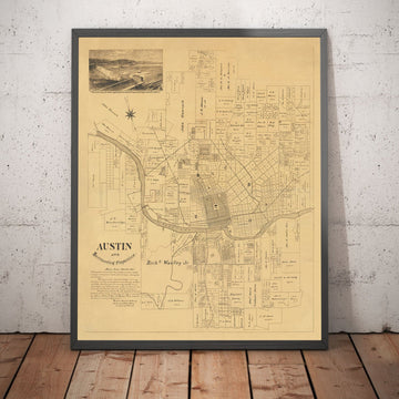 Rare Old Map of Austin, Texas in 1891 - Very Early City Plan, State Capitol, Railroad, UT Austin, Austin Dam