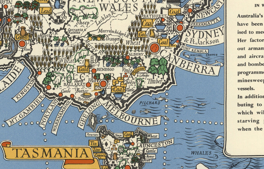 Alte Karte von Australien, 1942 von Max Gill - Weltkrieg 2 Karte der natürlichen und industriellen Ressourcen 