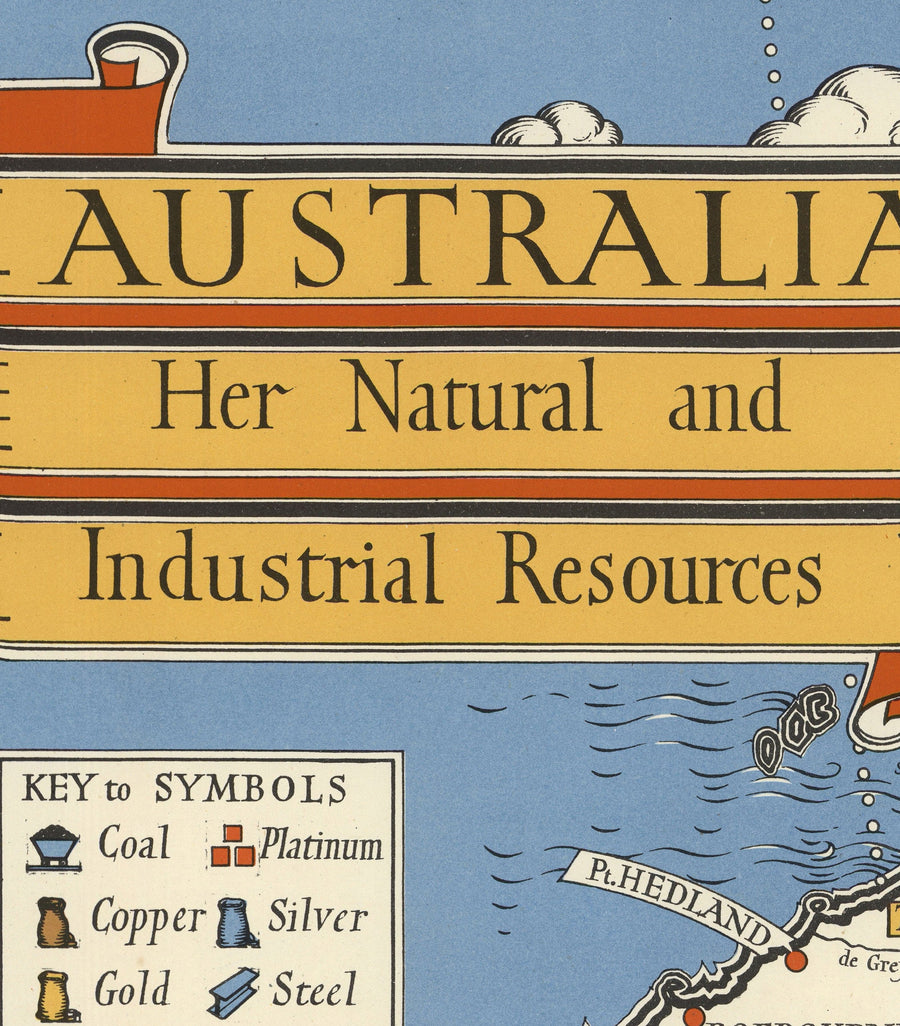 Alte Karte von Australien, 1942 von Max Gill - Weltkrieg 2 Karte der natürlichen und industriellen Ressourcen 