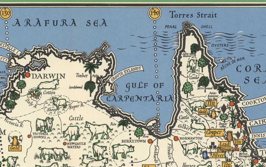 Alte Karte von Australien, 1942 von Max Gill - Weltkrieg 2 Karte der natürlichen und industriellen Ressourcen 
