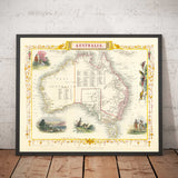 Antiguo mapa de Australia y Tasmania, 1851, por Tallis & Rapkin - Sydney, Melbourne, Perth