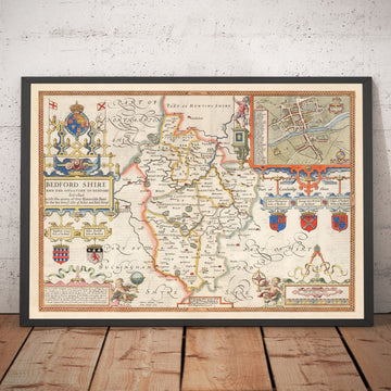 Mappa Antica del Bedfordshire 1611 di John Speed - Bedford, Luton, Dunstable, St Neots, Leighton Buzzard 