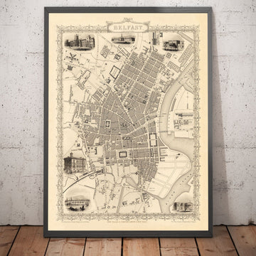 Old Map of Belfast, Ireland in 1851 by Tallis & Rapkin - Queens College, Ulster Railway Station, Ballast Office,