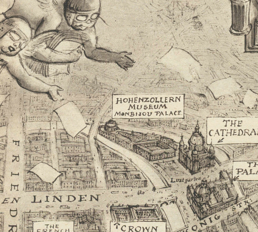 Mapa antiguo de Berlín, 1939 por Rex Whistler - Propaganda satírica de la Segunda Guerra Mundial - Hitler, Goebbels, Querubs, Diosa Britannia