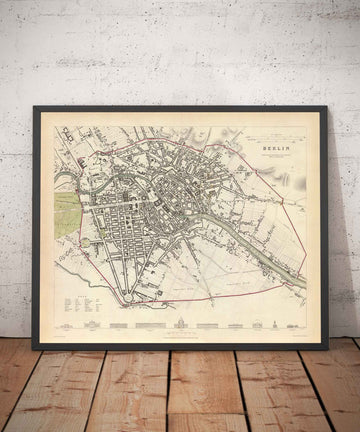 Mappa antica di Berlino nel 1833 di SDUK - Germania, Tiergarten, Alexanderplatz, Muro di Berlino, Porta di Brandeburgo 