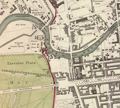 Mapa antiguo de Berlín en 1833 por SDUK - Alemania, Tiergarten, Alexanderplatz, Muro de Berlín, Puerta de Brandemburgo