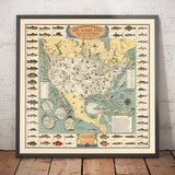 Mappa Pictoriale Antica dei Pesci di Grande Gioco degli USA, 1936 - Alaska, Florida, Michigan, Minnesota, Louisiana 
